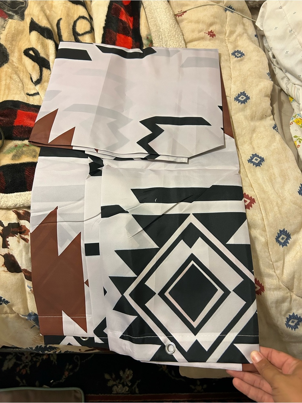 Geometric Aztec Shower Curtain Panel in White, Black & Brown
